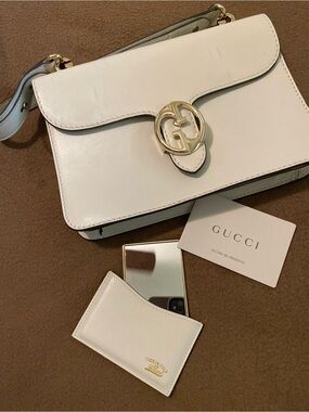 Gucci White Leather Shoulder Bag with Gold GG Accent